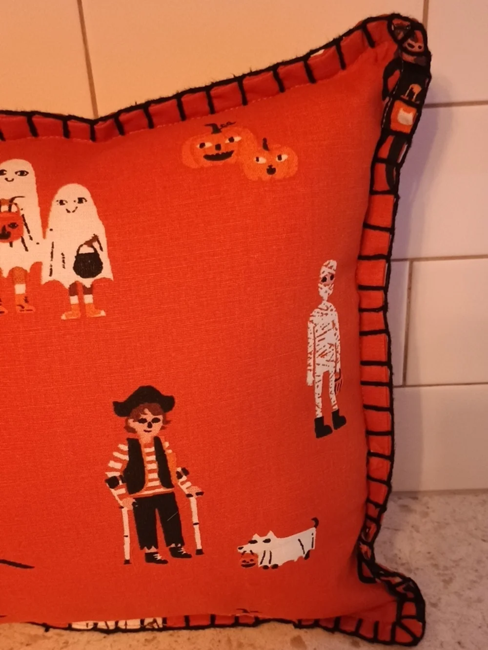 Halloween Orange Decorative Pillow with Spooky Character Print